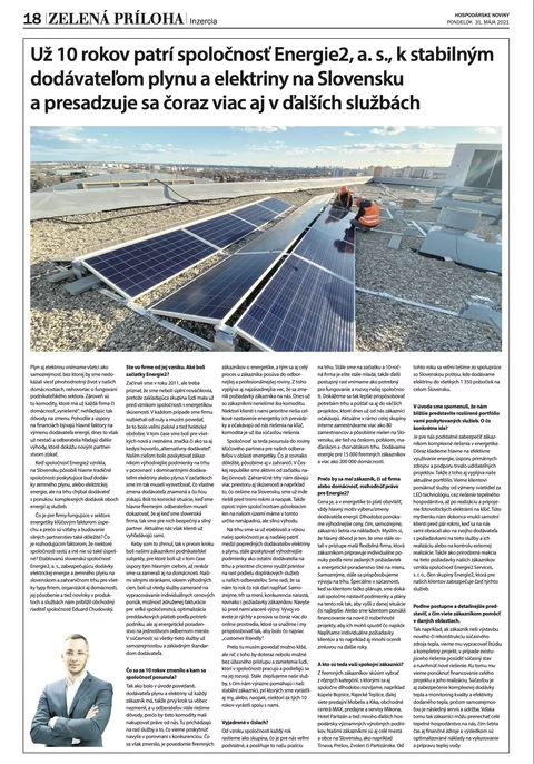 Energie 2 ako stabilný dodávateľ | Článok v časopise Hospodárske noviny | Energie2 v médiách