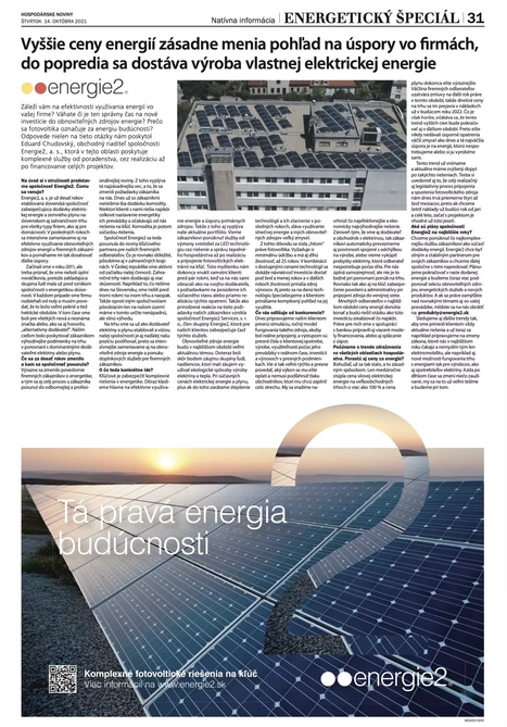 Vyššie ceny energií vo firmách a výroba vlastnej EE | Článok v časopise Hospodárske noviny | Energie2 v médiách
